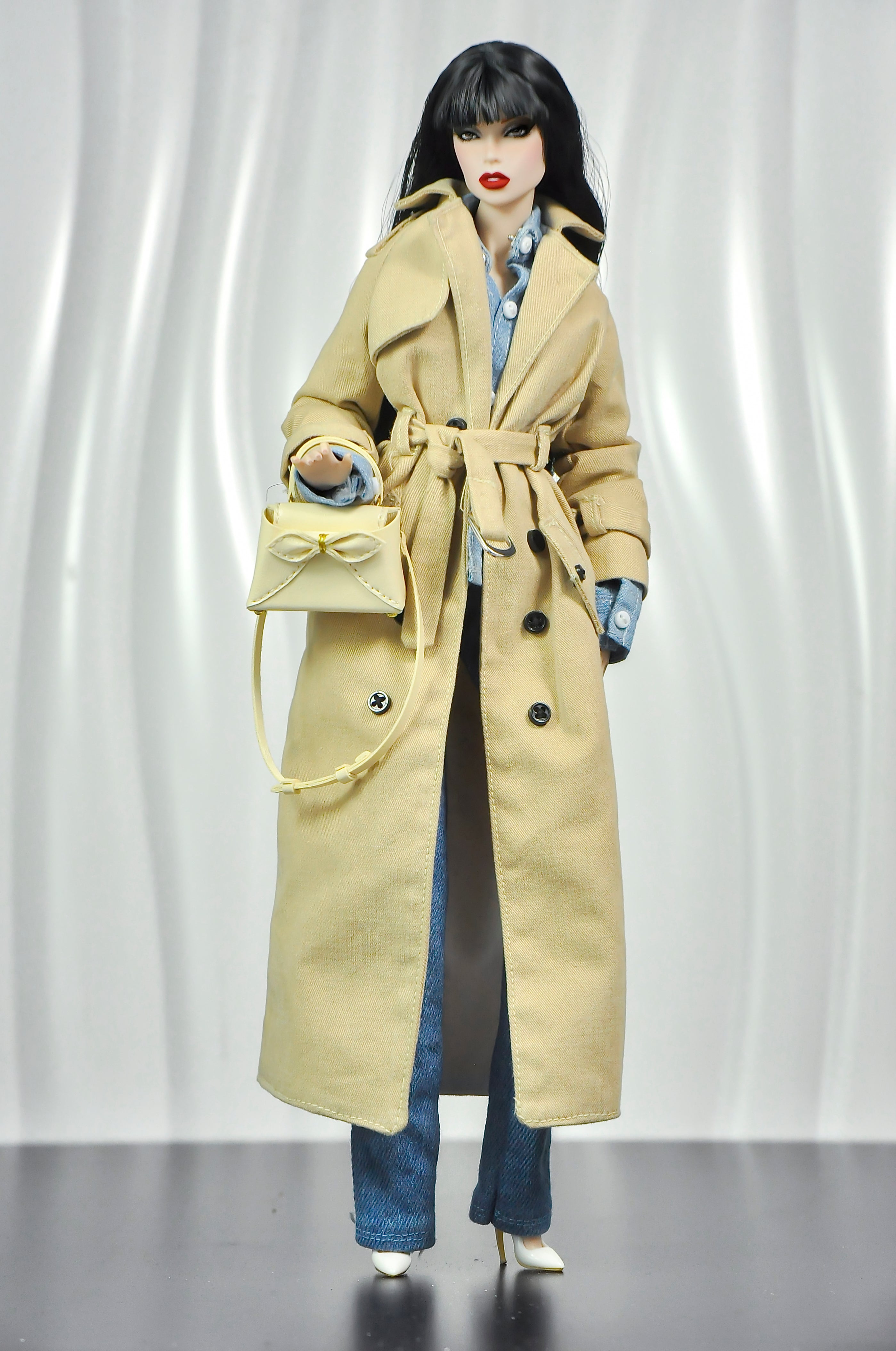OFF DUTY | Handmade 1/6 Denim Outfit Set with Trench Coat – High Fashion Doll Clothes, Artisan Made Collection