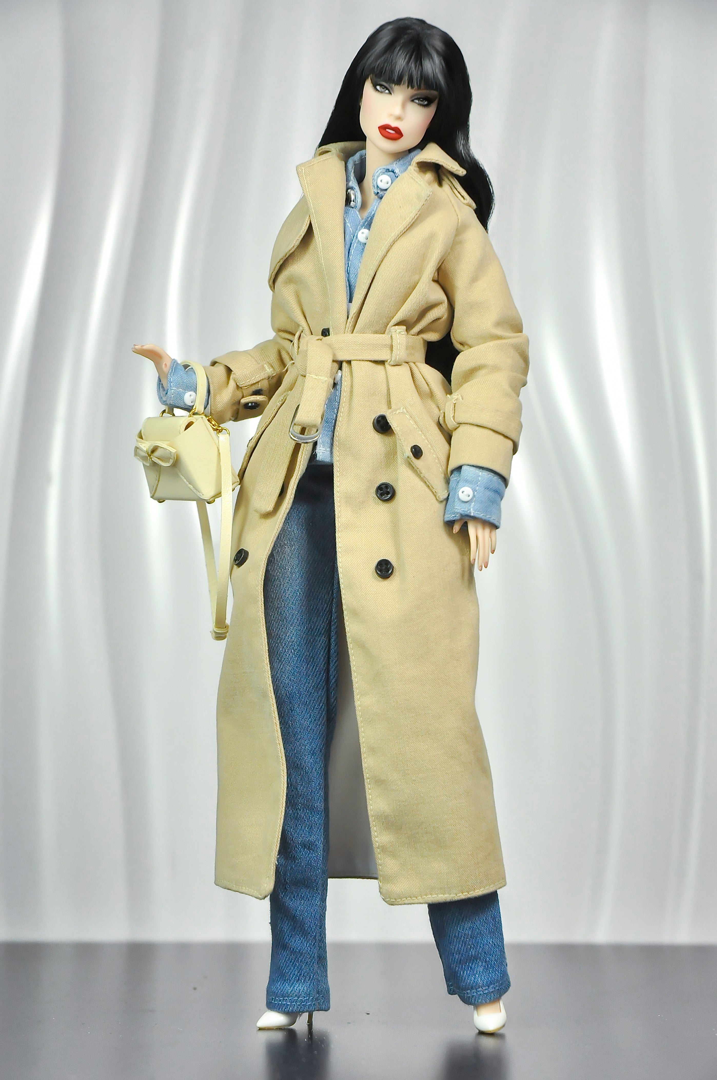 OFF DUTY | Handmade 1/6 Denim Outfit Set with Trench Coat – High Fashion Doll Clothes, Artisan Made Collection
