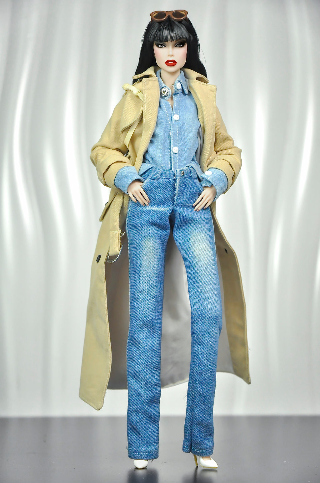 OFF DUTY | Handmade 1/6 Denim Outfit Set with Trench Coat – High Fashion Doll Clothes, Artisan Made Collection