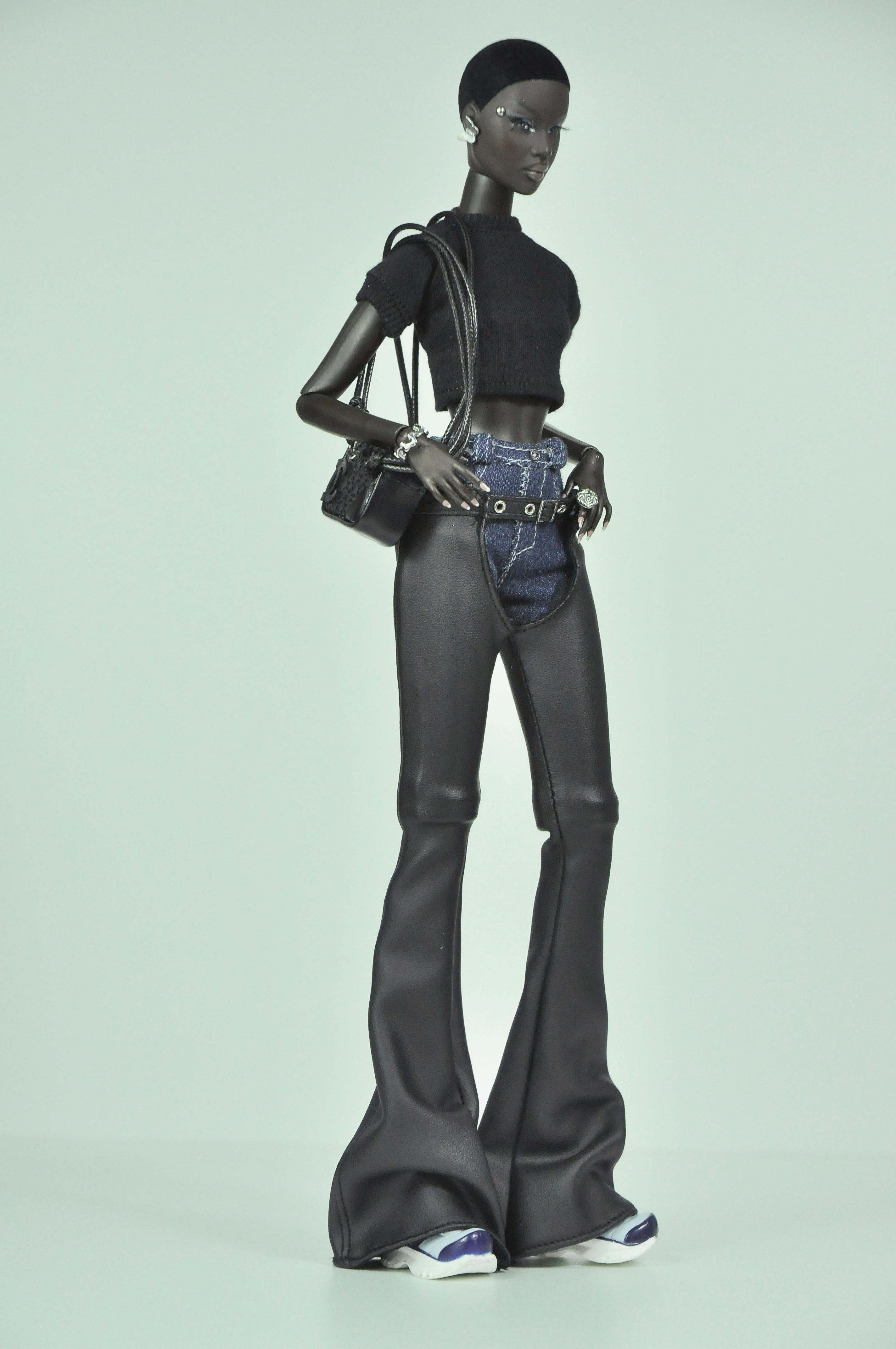 OFF DUTY | 1/6 Fashion Royalty Doll Outfit Set with Black Tweed Jacket, Crop Top, Denim Shorts, Flared Pants & Mini Quilted Bag | Tsqaured2