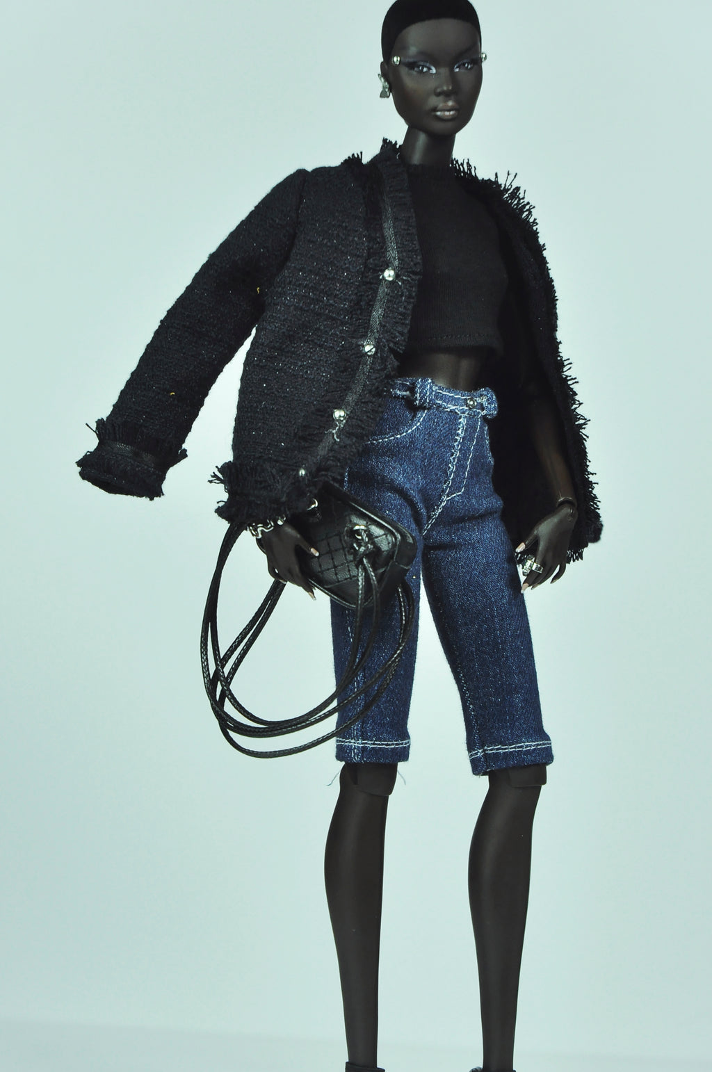 OFF DUTY | 1/6 Fashion Royalty Doll Outfit Set with Black Tweed Jacket, Crop Top, Denim Shorts, Flared Pants & Mini Quilted Bag | Tsqaured2