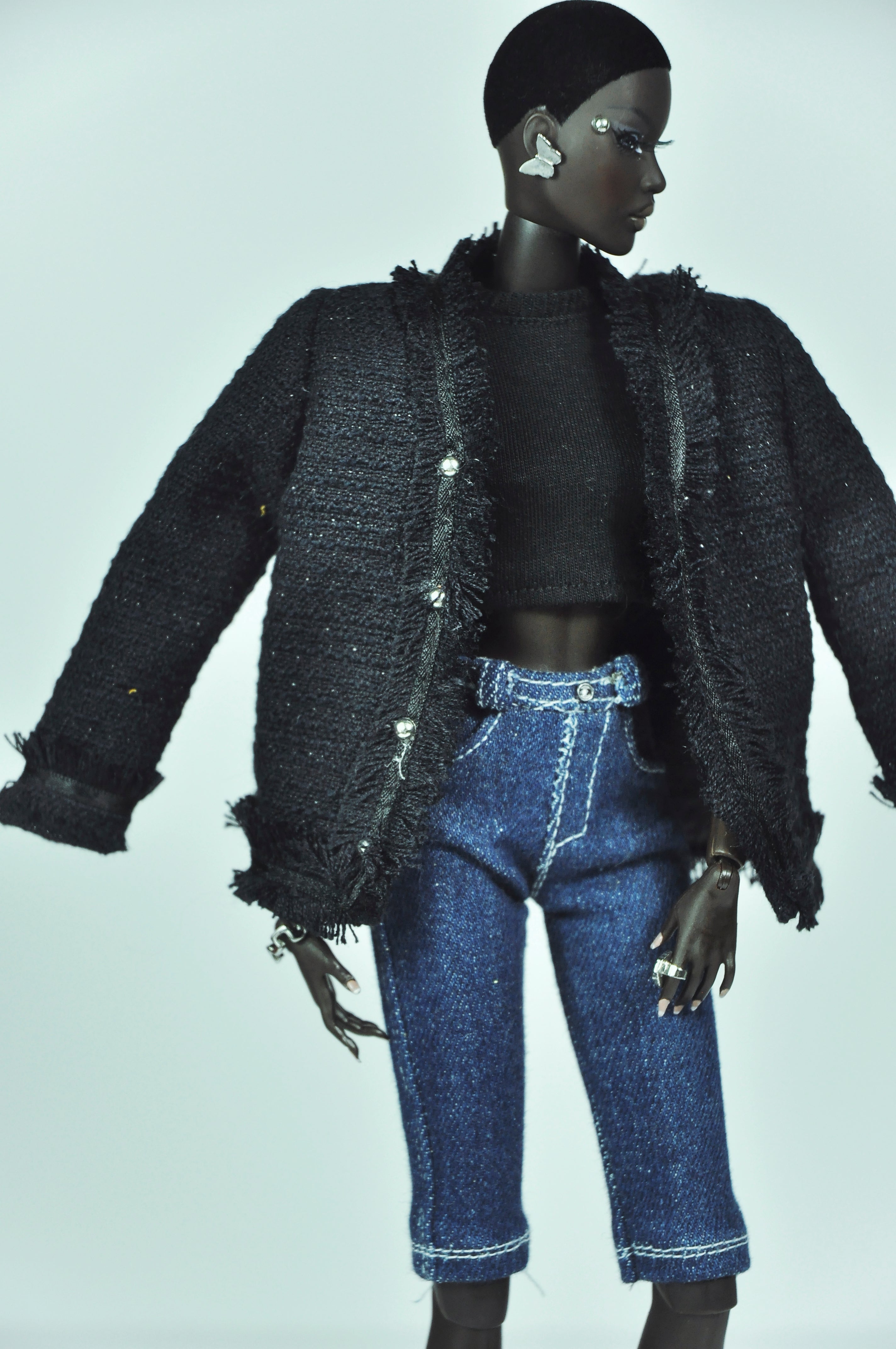 OFF DUTY | 1/6 Fashion Royalty Doll Outfit Set with Black Tweed Jacket, Crop Top, Denim Shorts, Flared Pants & Mini Quilted Bag | Tsqaured2