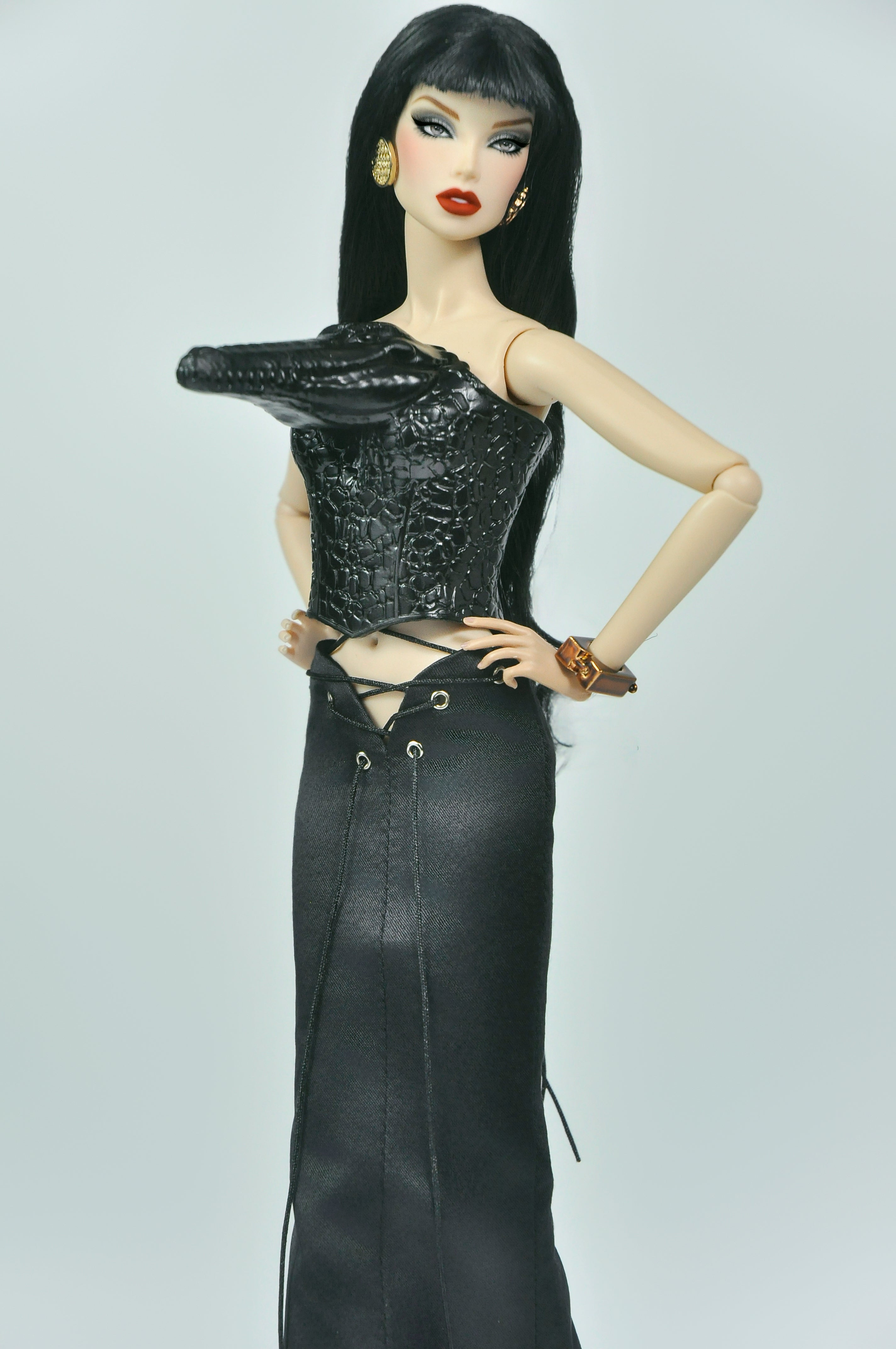 OFF DUTY | Black Corset & Lace-Up Maxi Skirt Set for 1/6 Doll – OOAK Handmade Doll Clothes, High Fashion Outfit, Silk Evening Look, Collector Doll Styling