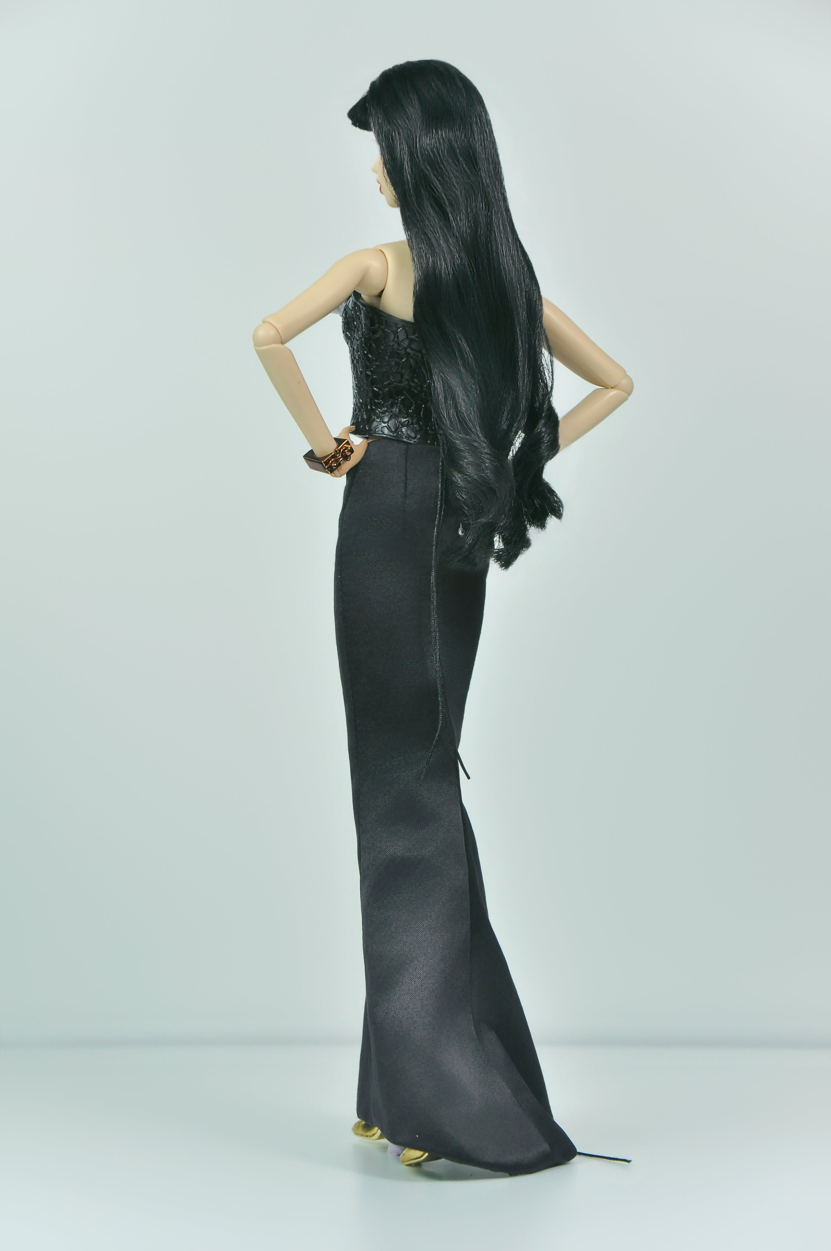 OFF DUTY | Black Corset & Lace-Up Maxi Skirt Set for 1/6 Doll – OOAK Handmade Doll Clothes, High Fashion Outfit, Silk Evening Look, Collector Doll Styling