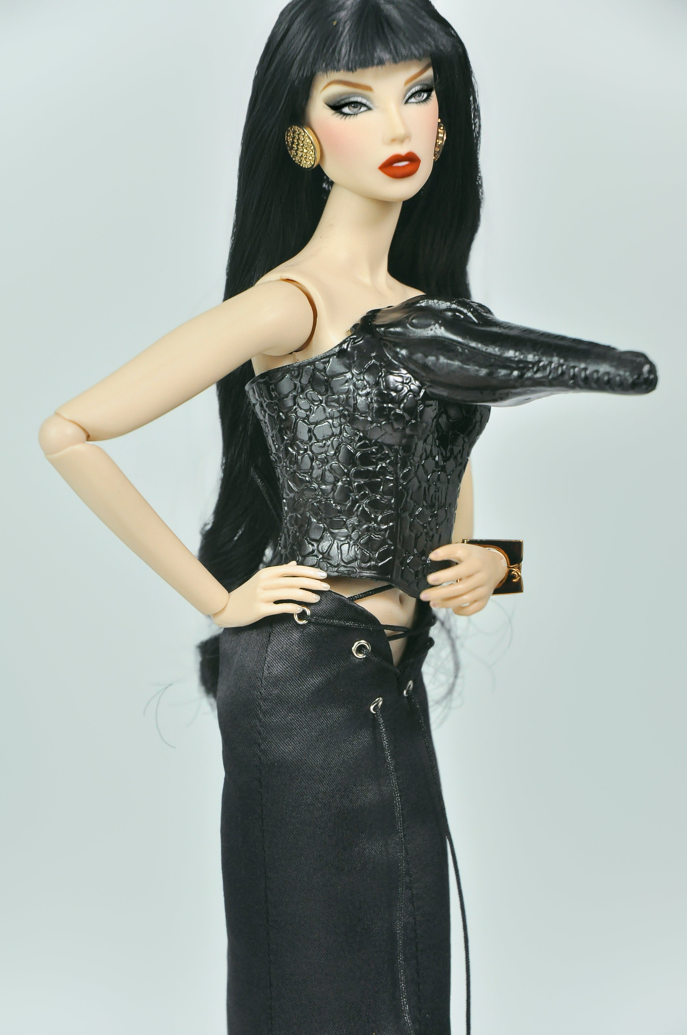 OFF DUTY | Black Corset & Lace-Up Maxi Skirt Set for 1/6 Doll – OOAK Handmade Doll Clothes, High Fashion Outfit, Silk Evening Look, Collector Doll Styling