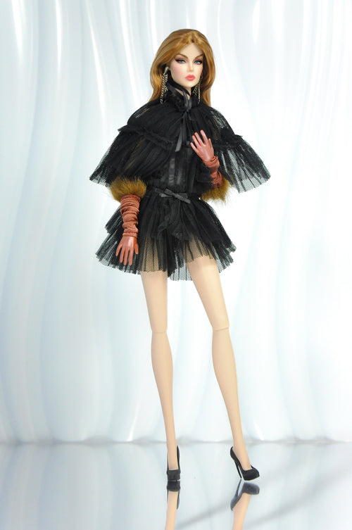 COCO DATES | Black Ruffled Mesh Cape Dress for Fashion Royalty, Poppy Parker & Integrity Toys Dolls