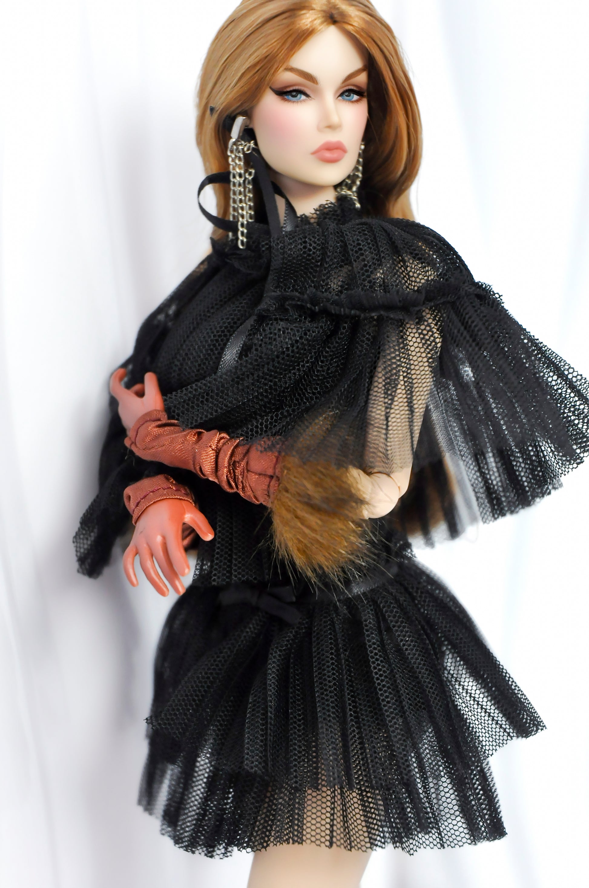 COCO DATES | Black Ruffled Mesh Cape Dress for Fashion Royalty, Poppy Parker & Integrity Toys Dolls