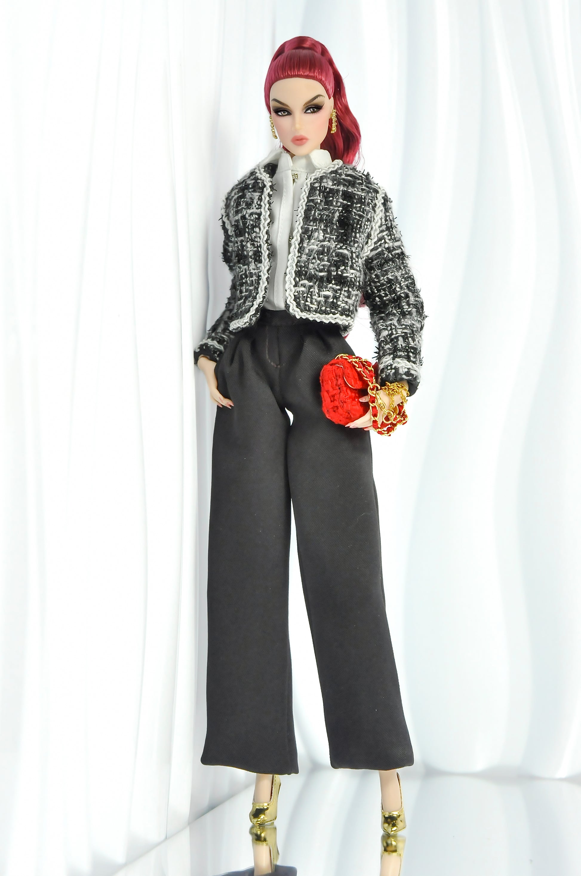 COCO DATES | Tweed Jacket and Black Wide-Leg Pants Outfit for Fashion Royalty Dolls