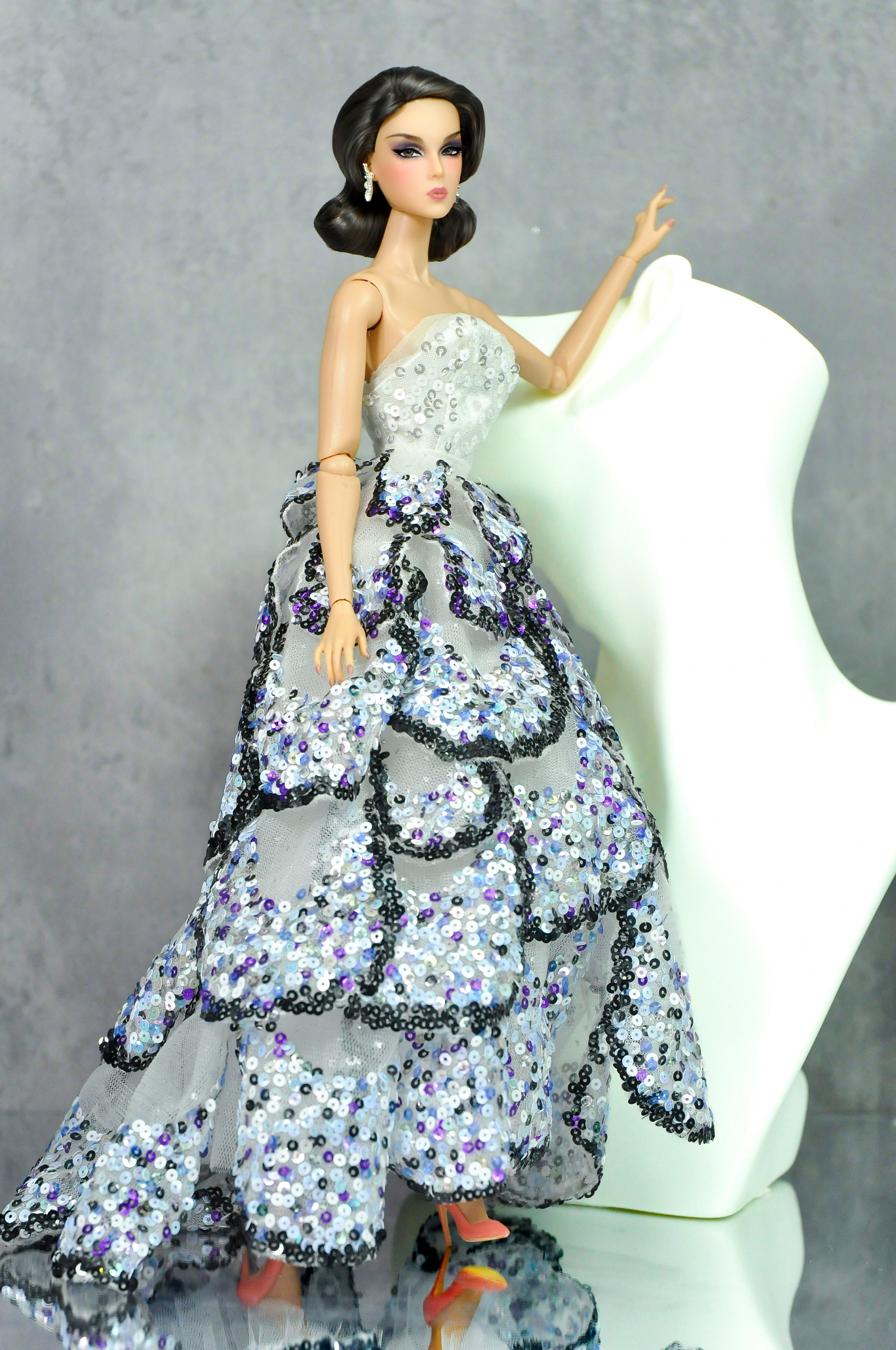 Moonlit Cascades (Sequin Couture Gown for 1/6 Fashion Dolls) - Fashion Royalty Sequin Gown – Layered 1/6 Couture Doll Dress
