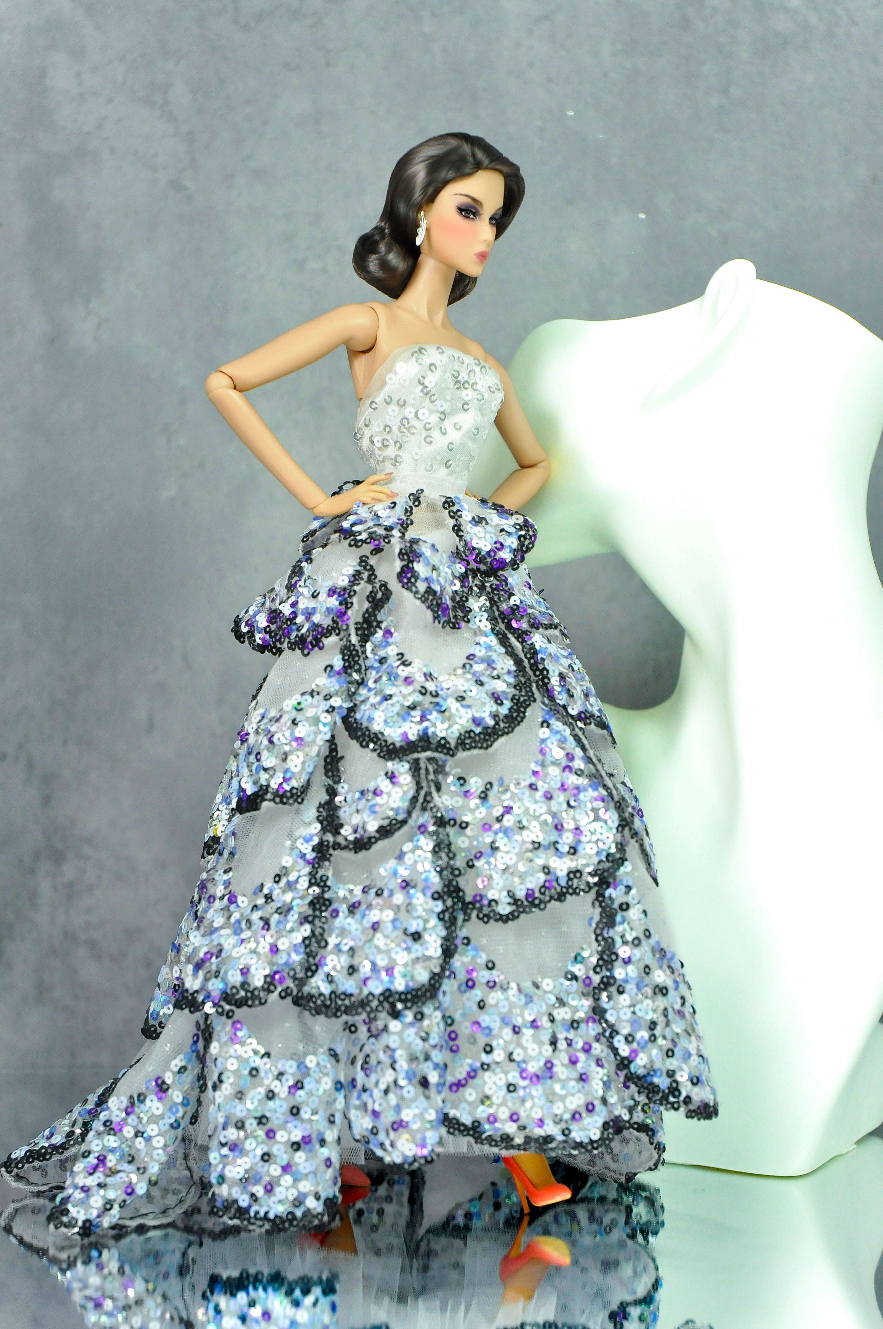Moonlit Cascades (Sequin Couture Gown for 1/6 Fashion Dolls) - Fashion Royalty Sequin Gown – Layered 1/6 Couture Doll Dress