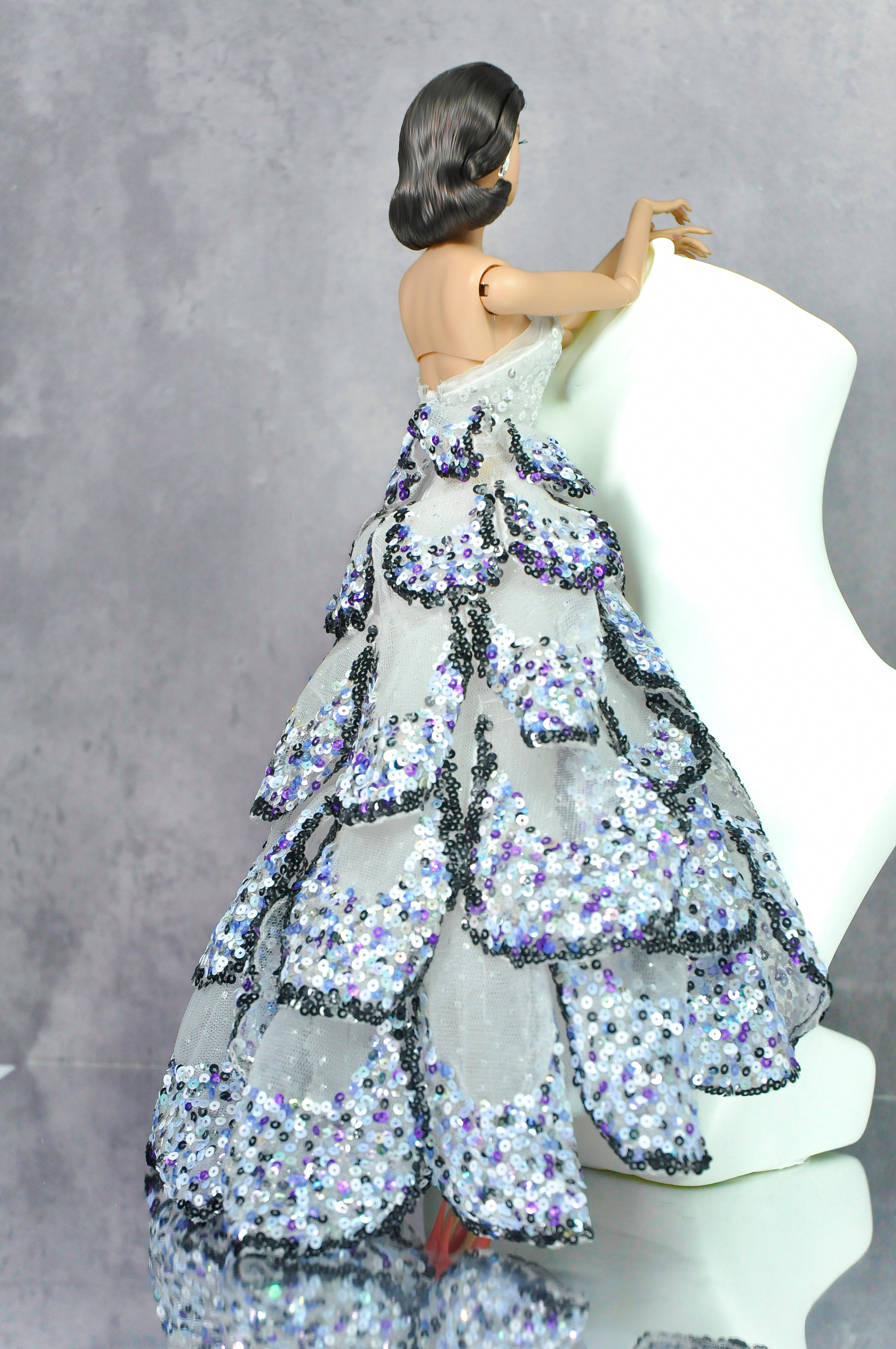 Moonlit Cascades (Sequin Couture Gown for 1/6 Fashion Dolls) - Fashion Royalty Sequin Gown – Layered 1/6 Couture Doll Dress