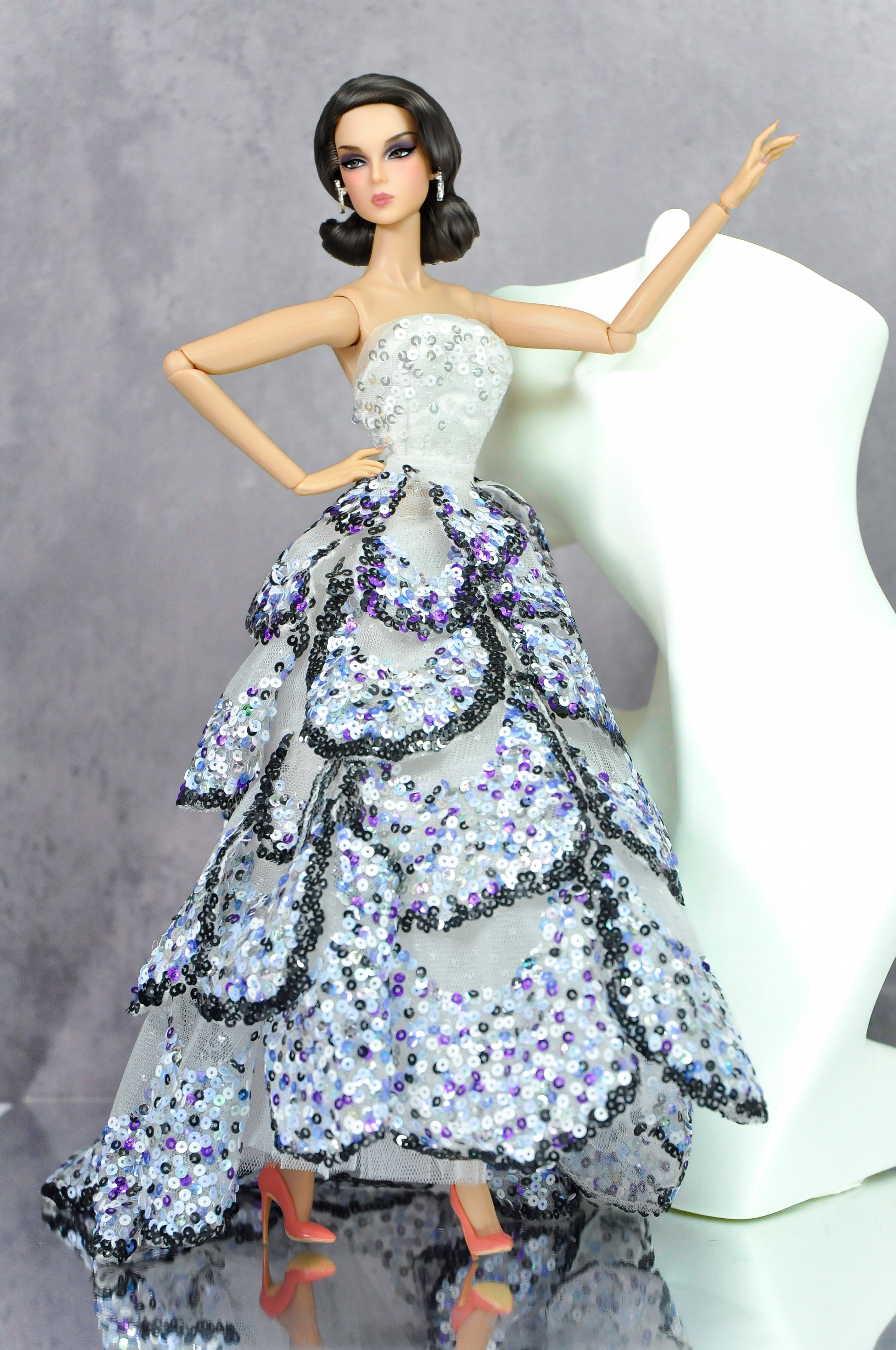 Moonlit Cascades (Sequin Couture Gown for 1/6 Fashion Dolls) - Fashion Royalty Sequin Gown – Layered 1/6 Couture Doll Dress