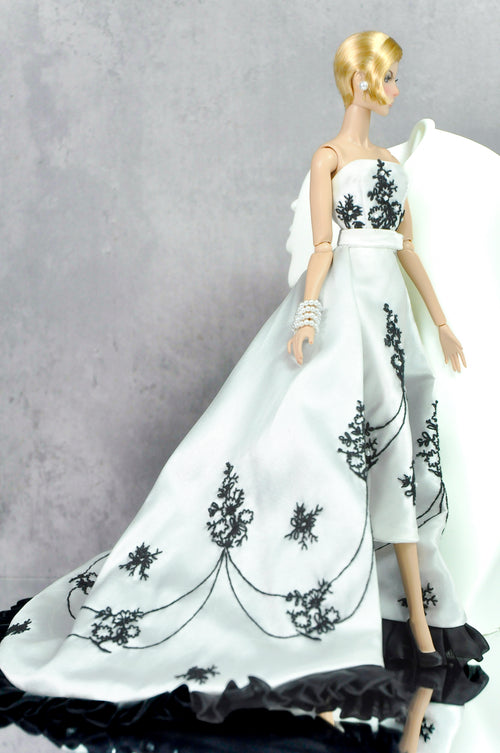 Black Orchid Reverie (Couture Gown for 1/6 Fashion Dolls) - Fashion Royalty Couture Gown – Black & White Embroidered 1/6 Doll Dress