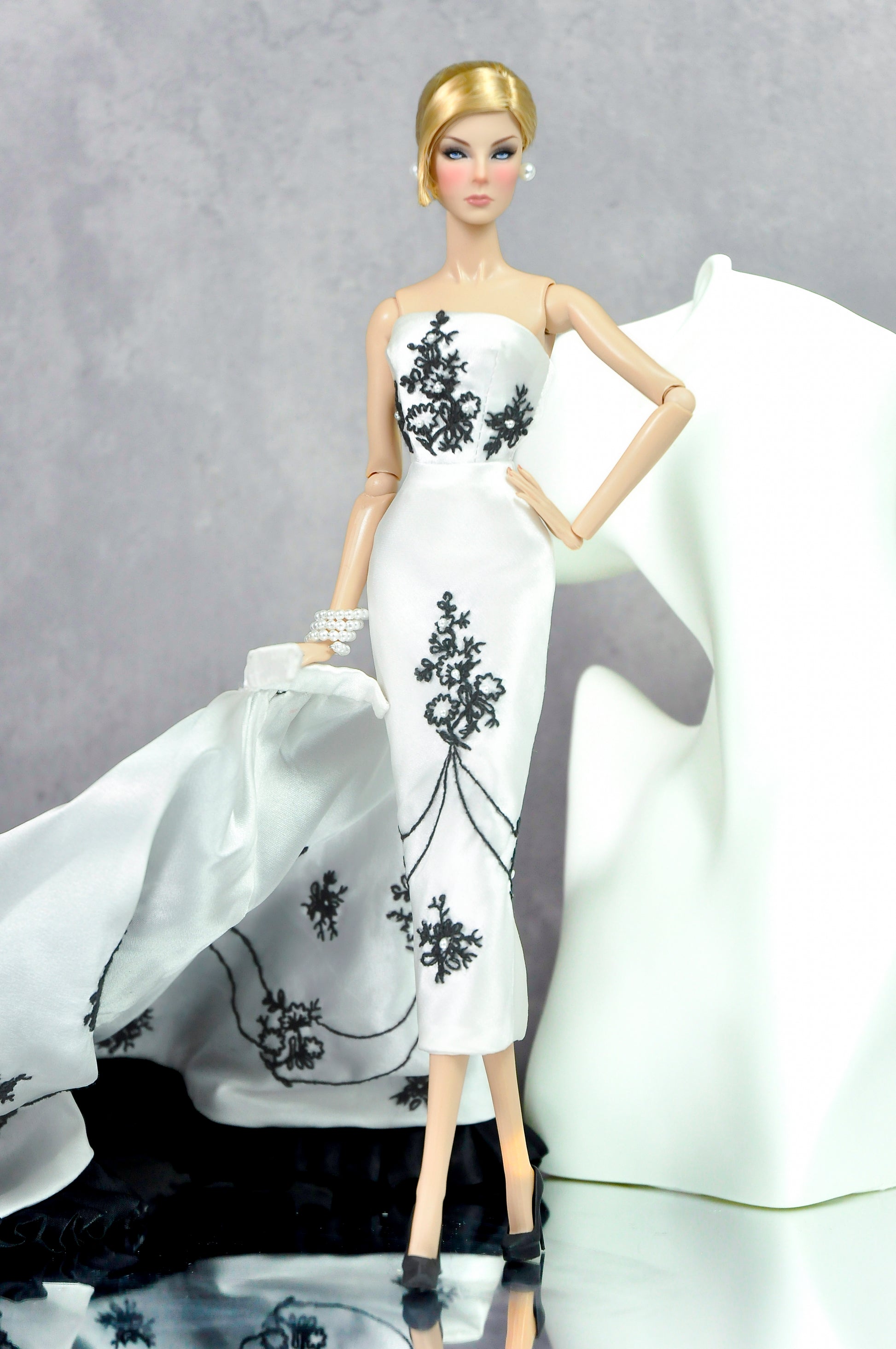 Black Orchid Reverie (Couture Gown for 1/6 Fashion Dolls) - Fashion Royalty Couture Gown – Black & White Embroidered 1/6 Doll Dress