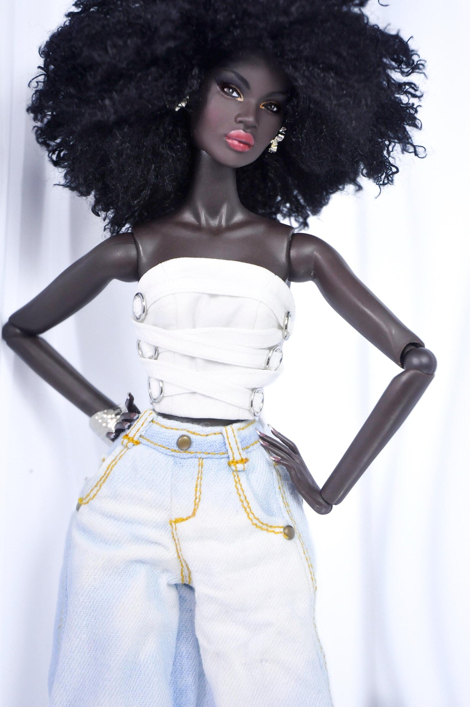 URBAN VIBE - White Corset Wrap Top + Asymmetric Skirt + Wide-Leg Jeans | 1/6 Fashion Royalty Doll Clothes | Handmade OOAK Outfit Set