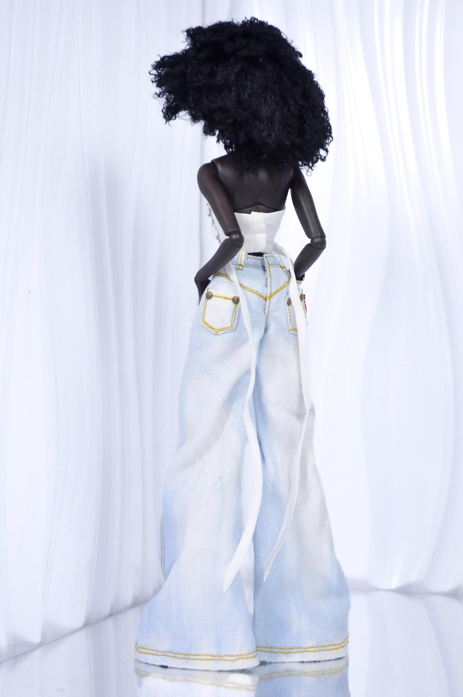 URBAN VIBE - White Corset Wrap Top + Asymmetric Skirt + Wide-Leg Jeans | 1/6 Fashion Royalty Doll Clothes | Handmade OOAK Outfit Set