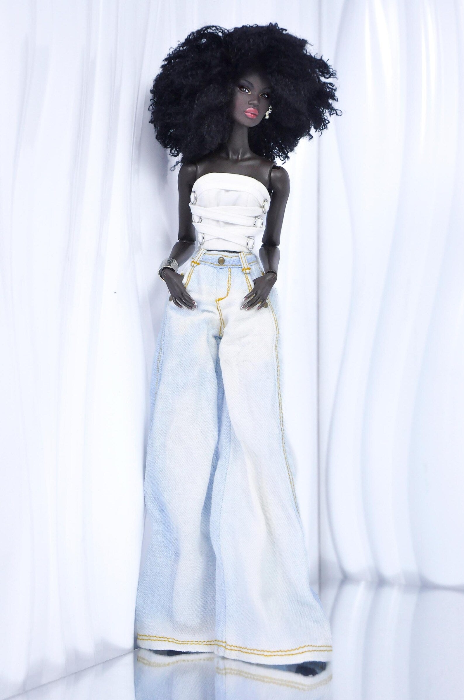 URBAN VIBE - White Corset Wrap Top + Asymmetric Skirt + Wide-Leg Jeans | 1/6 Fashion Royalty Doll Clothes | Handmade OOAK Outfit Set