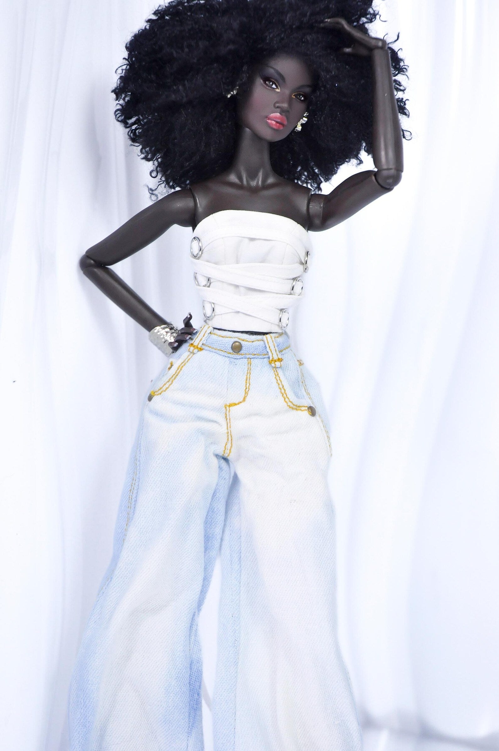 URBAN VIBE - White Corset Wrap Top + Asymmetric Skirt + Wide-Leg Jeans | 1/6 Fashion Royalty Doll Clothes | Handmade OOAK Outfit Set