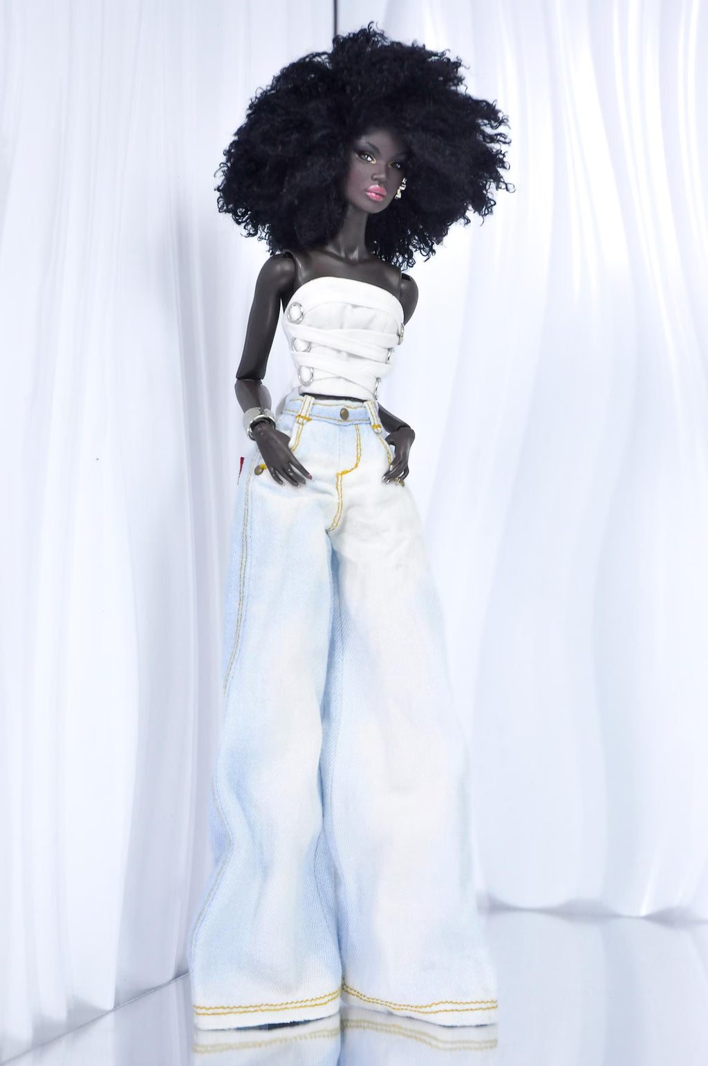 URBAN VIBE - White Corset Wrap Top + Asymmetric Skirt + Wide-Leg Jeans | 1/6 Fashion Royalty Doll Clothes | Handmade OOAK Outfit Set